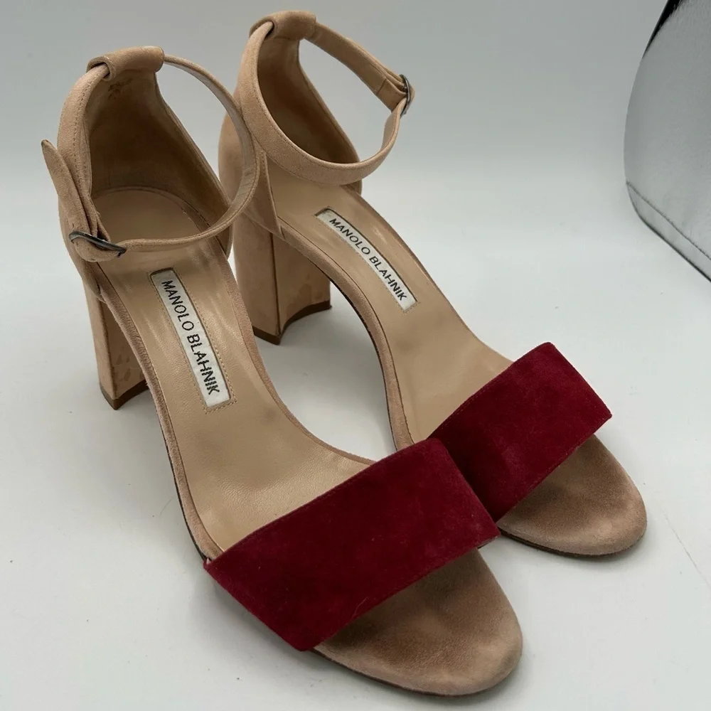 Manolo Blahnik Sz 38 Red and Tan Heels Lauratomod Velukid Block Sandals NO BOX - Picture 5 of 13